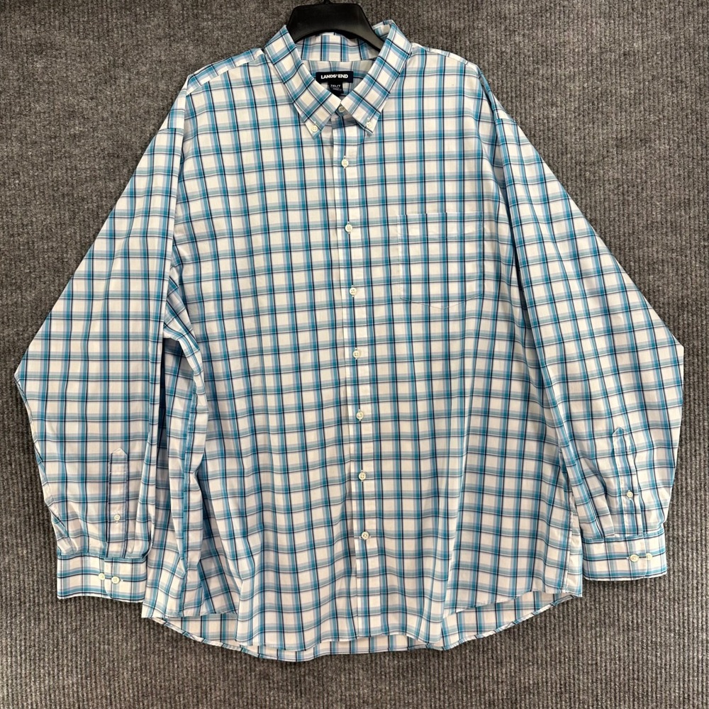 Lands' End Button Down Shirt Mens 3XL Tall Blue Plaid Excellent Traditional Fit